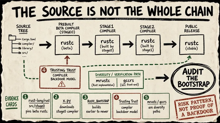 Rough Diagram Punk poster titled The Source Is Not the Whole Chain, showing a Rust source tree, prebuilt beta rustc stage0, stage1 and stage2 compiler boxes, evidence cards, and a red caveat stamp saying it is a risk pattern, not proof of a backdoor.