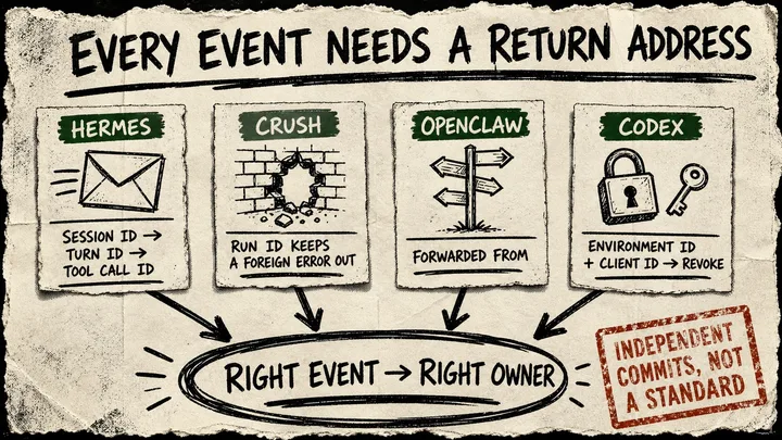 Rough zine-style Diagram Punk poster titled Every Event Needs a Return Address, with four evidence cards for Hermes Agent correlation IDs, Crush RunID, OpenClaw forwarded-message provenance, and Codex remote client identity feeding into a circled Right Event to Right Owner conclusion.