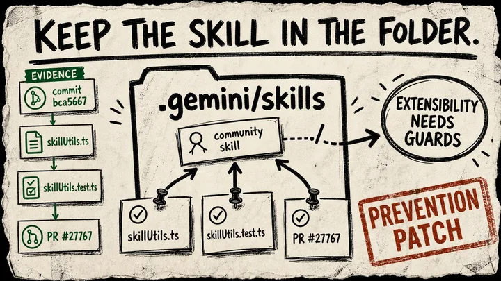 A rough zine-style Diagram Punk poster showing a community skill card kept inside a .gemini/skills folder by test cards and a prevention patch caveat.