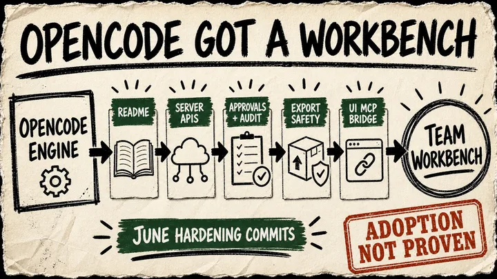 Diagram Punk poster showing OpenCode as an engine feeding an OpenWork team workbench through evidence cards for README, server APIs, approvals, audit, export safety, UI MCP, and recent hardening commits.