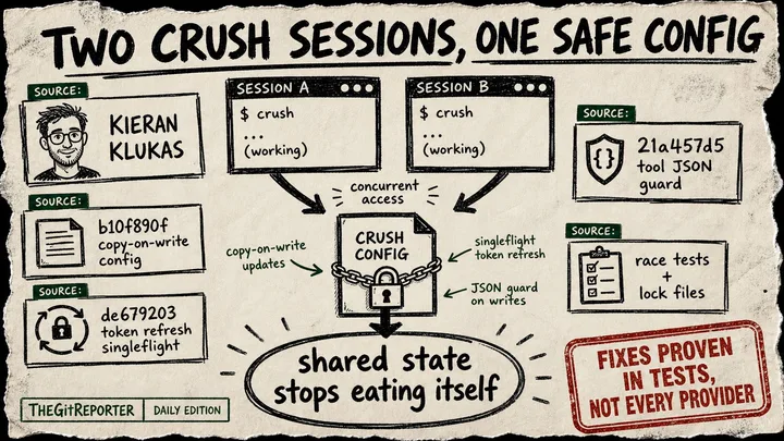 Diagram Punk poster showing two Crush sessions pointing at one locked config file, with Kieran Klukas and commit evidence cards for copy-on-write config, token refresh singleflight, tool JSON guards, race tests, and a caveat stamp about tests not every provider.