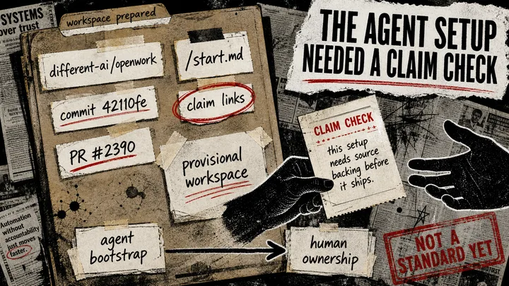 Diagram Punk poster showing OpenWork setup moving from agent bootstrap to human claim links, with source cards for commit 42110fe and the public start guide.