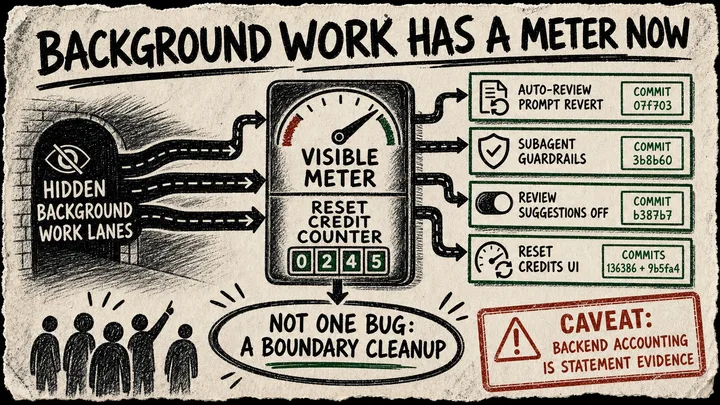Diagram Punk poster titled Background work has a meter now, with four source cards for auto-review prompt revert, subagent guardrails, review suggestions off, and reset credits UI.