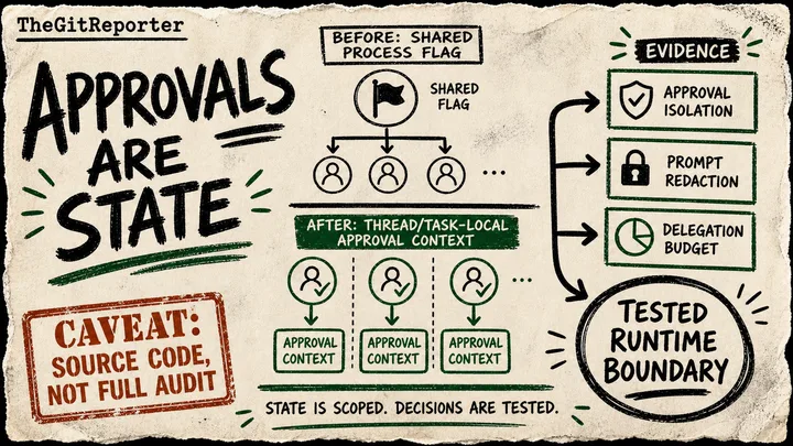 Diagram Punk poster showing Hermes approval commits as source cards feeding into a circled tested runtime boundary, with a caveat stamp about limited security proof.