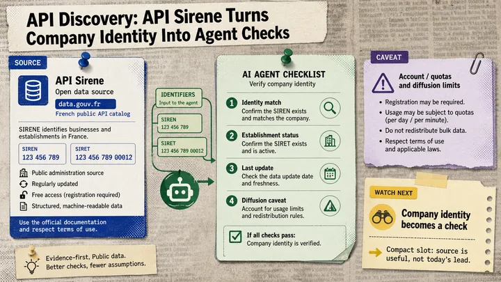 Diagram Punk API Sirene checklist turning SIREN and SIRET identifiers into company identity checks with quota and diffusion caveats.