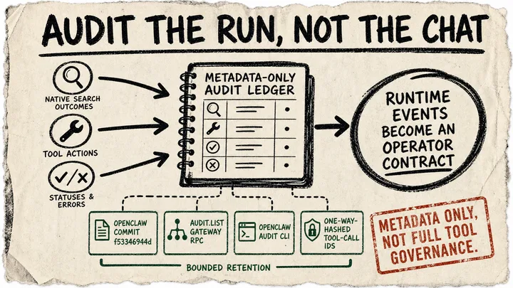 A rough marker diagram titled Audit the run, not the chat, showing native search outcomes and tool actions feeding a metadata-only audit ledger, with evidence cards and a caveat stamp.