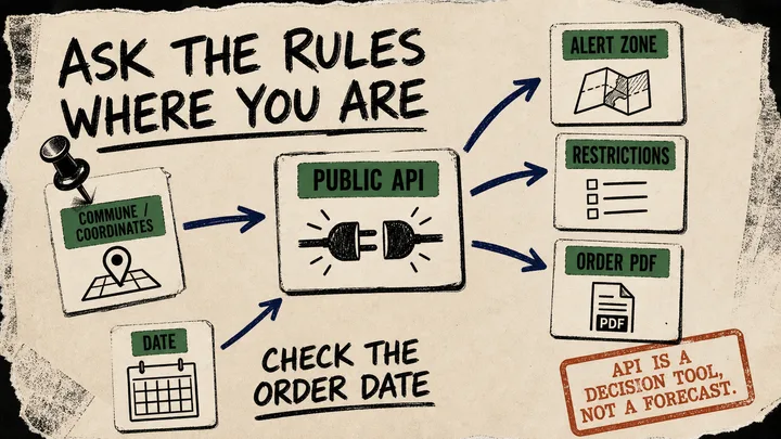 Diagram Punk poster mapping a commune or coordinates and a date through a public API to an alert zone, restrictions, and an order PDF.