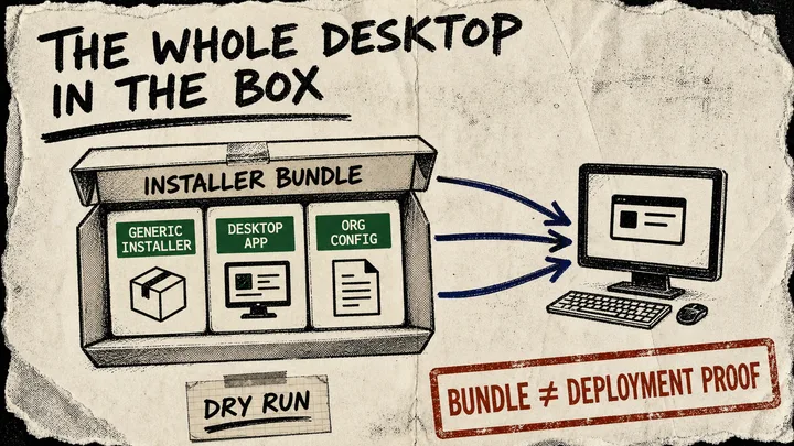 Diagram Punk poster of an installer bundle containing a generic installer, desktop app, and organization configuration, all pointing to a desktop, with a dry-run receipt and deployment caveat.