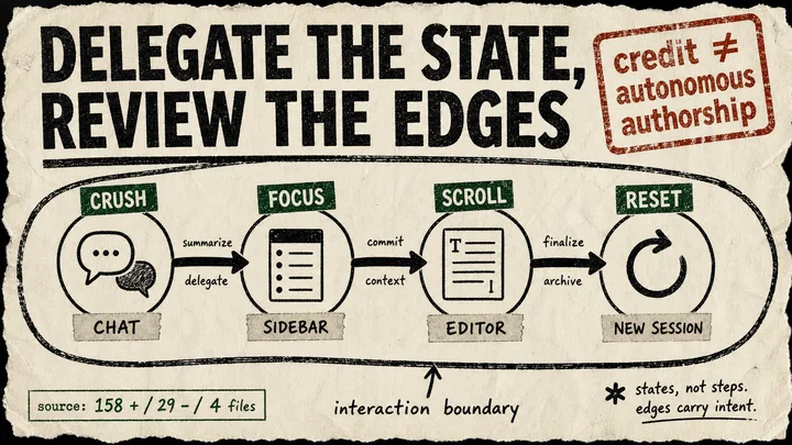 Torn-paper interaction diagram linking Crush chat, sidebar focus, scrolling, editor focus, and new-session reset, with a source-change receipt and an authorship caveat stamp.