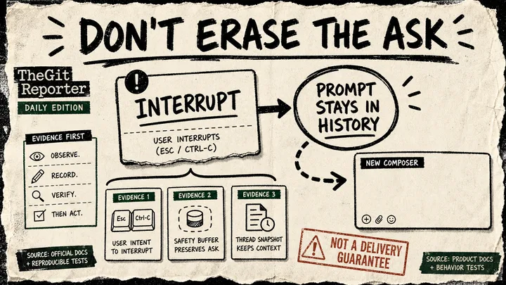 Hand-drawn diagram showing an interrupted prompt staying in history, a new blank composer, and evidence cards for interrupt keys, safety buffering, and thread snapshots.