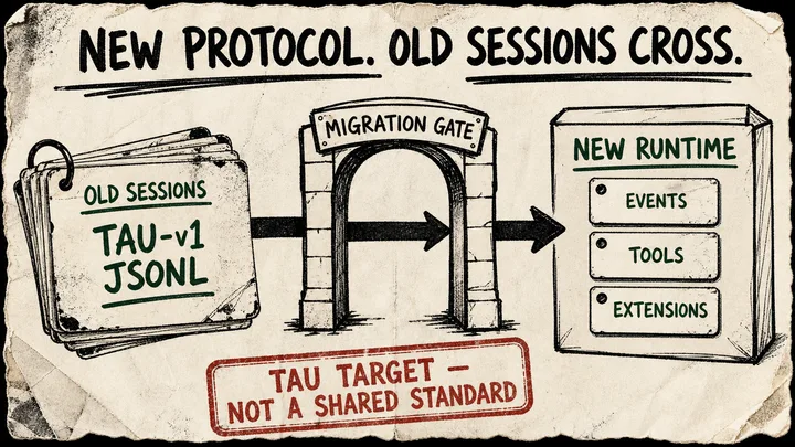 A rough marker diagram shows old Tau JSONL session cards passing through a migration gate into a new runtime with event, tool, and extension cards, plus a caveat stamp.
