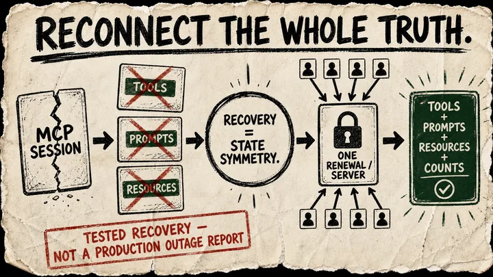 A rough marker diagram shows a failed MCP session, stale tools/prompts/resources being cleared, one locked renewal path, and a rebuilt registry with matching capability counts.
