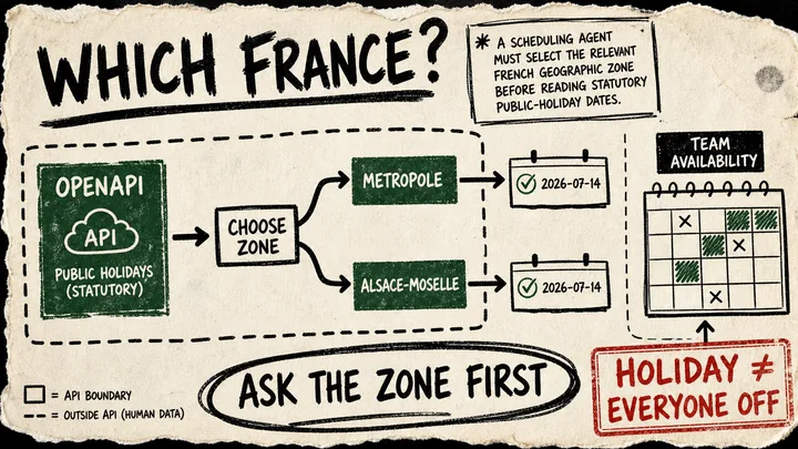 A rough marker diagram shows a public holiday API branching by French zone, feeding a date check, while a separate human availability calendar remains outside the API boundary.