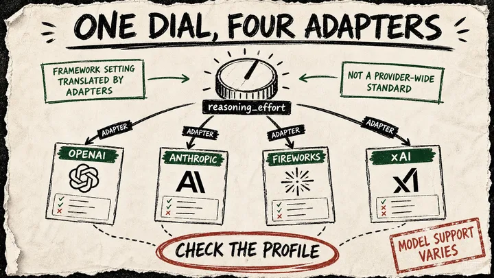 A rough marker diagram shows one reasoning-effort dial branching through OpenAI, Anthropic, Fireworks, and xAI adapter cards, with a note that model support varies.
