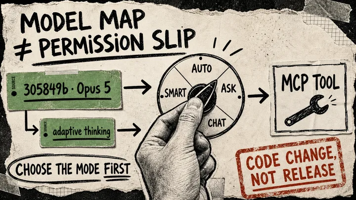 A paper diagram shows a new Goose model mapping entering a hand-turned four-mode permission dial before an MCP tool, with a red source-change caveat stamp.