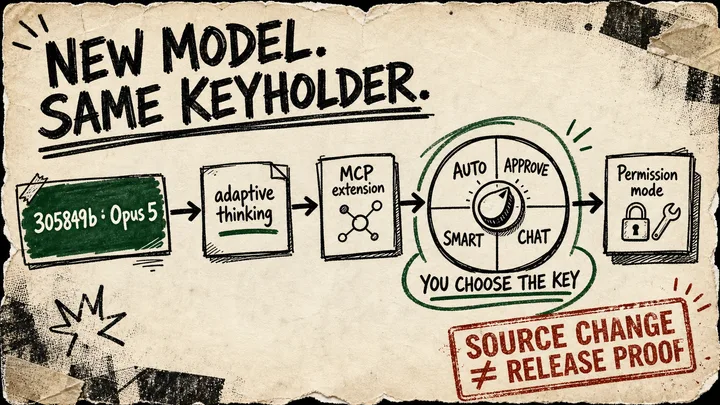 A rough paper diagram shows a new model entering Goose, passing a four-position permission dial, and reaching a local tool; a red stamp says that source changes are not release proof.