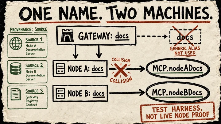 Photocopied-style diagram showing a gateway and two nodes that each offer a docs server, then routing the node servers into distinct MCP namespace names under the hook ‘One name. Two machines.’