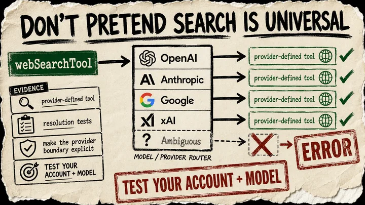A rough poster routes a webSearchTool card through four supported model providers while an ambiguous provider is crossed out with an error stamp.