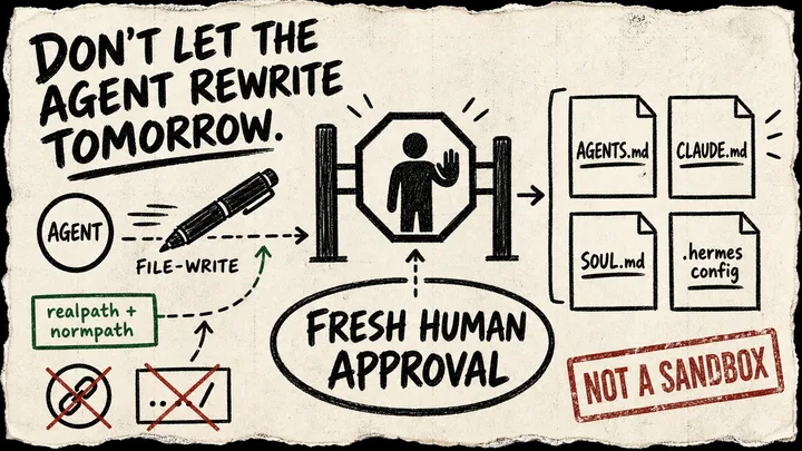 Rough marker diagram of a file-write pen stopped by a human approval gate before instruction-file cards, with a crossed-out symlink and a red caveat stamp.