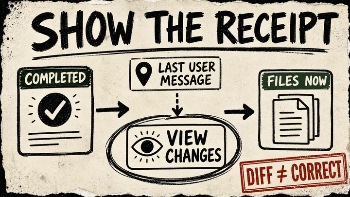 A rough cream-paper diagram connects a completed agent card through a checkpoint and current-files cards to a circled View Changes receipt, with a red “DIFF ≠ CORRECT” stamp.