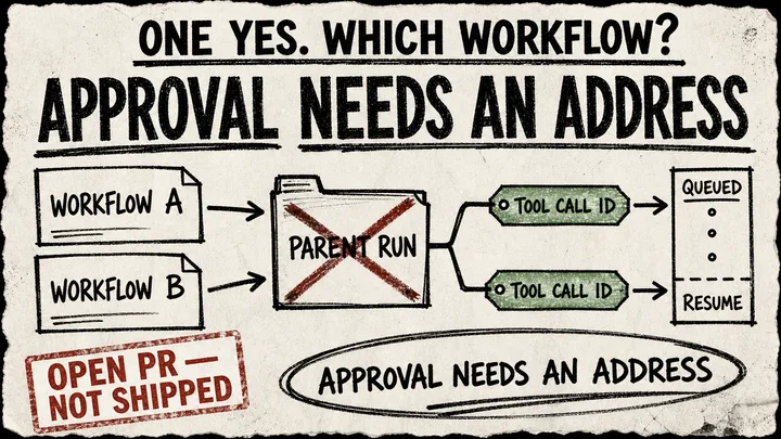 Two approval cards route through separate tool-call identifiers and a queued resume path, with an open pull request caveat stamp.