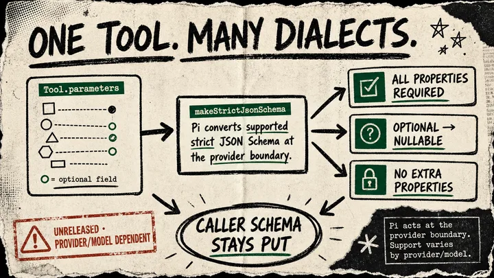 Diagram showing a Pi tool schema crossing a provider boundary into a closed strict schema, with cards for required properties, nullable optional fields, and a caveat about unreleased provider-dependent support.
