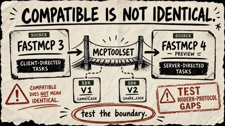 A torn-paper bridge labelled MCPToolset connects FastMCP 3 and FastMCP 4 lanes, while a red preview stamp marks version-specific tasks, sampling, and field-name differences.