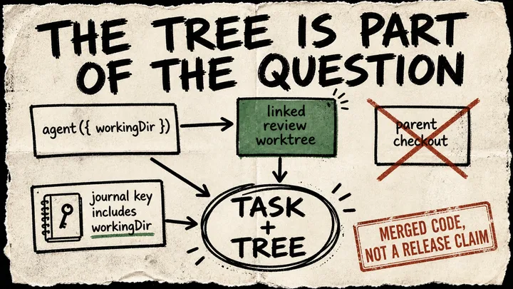 A rough-marker diagram shows a workflow agent pinned to a linked review worktree, with a crossed-out parent checkout and a journal key that includes the working directory.