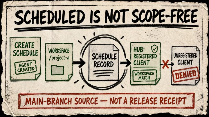 A rough paper diagram shows an agent-created schedule tied to a project workspace, a registered Hub client matching that workspace, and an unregistered client blocked by a denial stamp.