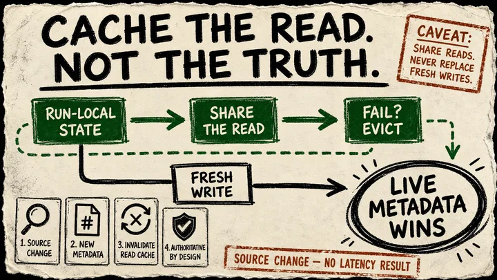 A torn-paper marker diagram separates a green shared-read path for run-local memory state from a black fresh-write path that preserves live metadata.