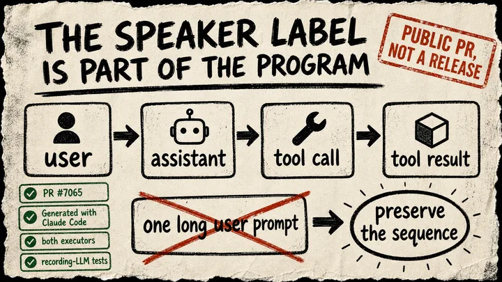 Photocopied marker diagram of four labeled conversation cards flowing in order to a provider, with a crossed-out flattened prompt and a stamp noting the CrewAI work is an open public pull request rather than a release.