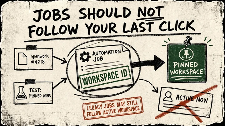 A cream photocopied poster shows an Automation job card stamped “WORKSPACE ID” pointing to a pinned workspace card while a crossed-out active-workspace card sits aside; source and test cards and a legacy-job caveat surround it.