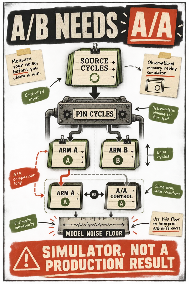 A rough-paper A/B testing diagram sends pinned source cycles into separate Arm A, Arm B, and A/A control databases before comparing prompt change with a model-noise floor.