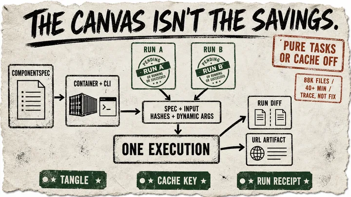 A torn-paper diagram sends a visual pipeline through a ComponentSpec, container task, and content key; two runs converge on one execution before producing a run diff and URL artifact, with cache and large-file caveats stamped around it.