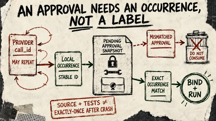 A rough torn-paper diagram separates a reusable provider call ID from a stable local occurrence ID; a mismatched approval is sent to a do-not-consume bin while the pending approval snapshot stays intact until an exact occurrence match leads to bind and run.