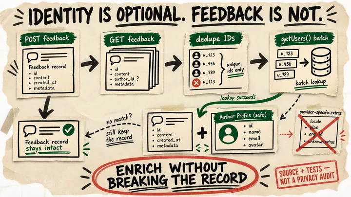 Photocopied marker diagram showing a feedback record kept intact while an optional, batched author lookup adds a small profile card and strips private fields.