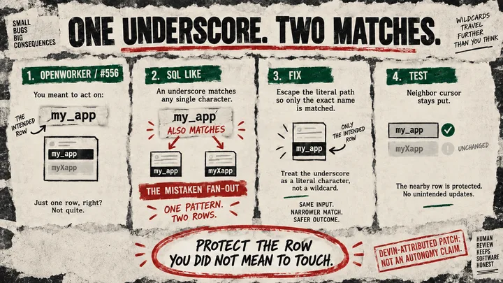 Four evidence cards show an underscore matching two workspace names, the escaped path fix and a test preserving the neighboring cursor.
