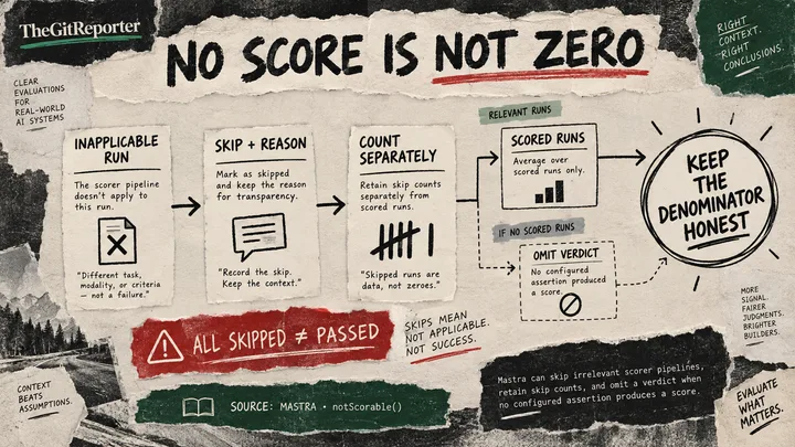 A zine diagram separates inapplicable runs and skip counts from scored-run averages, with an all-skipped-is-not-passed caveat.