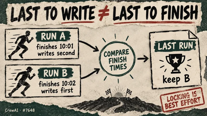 Two runs finish and write in opposite orders; a comparison keeps the later-finished run, with a best-effort locking caveat.